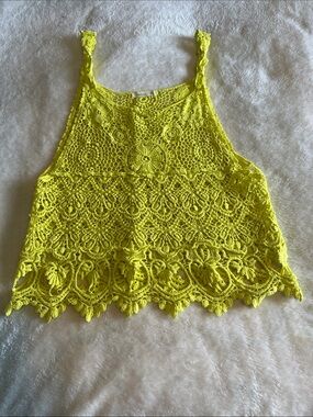 Debut Boho Yellow Crochet Floral Lace Crop Tank Top Size M/L
